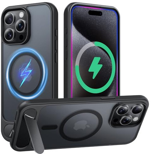 TAURI for iPhone 15 Pro Max Case with Stand, [Compatible with MagSafe] Military-Grade Protection, [Translucent Matte] Shockproof Magnetic Case for iPhone 15 Pro Max 6.7, Black