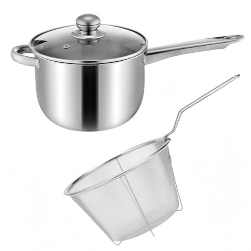Chip Pan with Basket and Lid 19.5cm, Deep Frying Chip Pan, Induction Safe, Stainless Steel, Silver