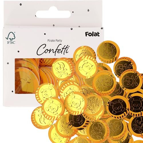 Folat 27480 Piraten Deko Kinder Geburtstag - Goldmünzen Piraten Edelsteine - Pirate Party - 50 Münzen - Münzkonfetti Accessoires für Piratenschatz Piratenparty Mädchen Junge