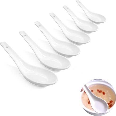 Yeenano Porcelain Soup Spoons,6 pcs Ceramic Chinese Soup Spoons,Chinese Won Ton Spoons Asian Soups Japanese Ramen Spoons,Porcelain Spoon Set for Rice Bowls,Ramen,Appetizers,Dim-Sum Spoons (White)