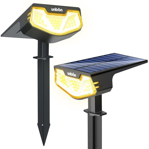UNBON 2 Pezzi Faretti Solari a LED da Esterno, Lampade Luci Solari da Giardino Potenti 3 Modalità 32 LED IP65 Impermeabile Faretto Solare da Giardino per Cortile Vialetto Piante Alberi Luce Calda