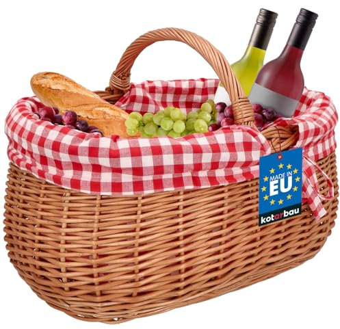 KOTARBAU® Picknickkorb Weidenkorb 46 cm Naturfarbe Einkaufskorbmit rot kariertem Stoffeinsatz Osterkorb Geschenkkorb leer Präsentkorb Weidenkorb mit Henkel Picknick Korb geflochten für Pilze Oval