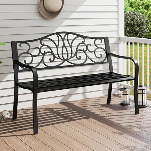 SFAREST 2 Seater Garden Bench, Slatted Park Chair Seat with Armrest, Metal Frame Outdoor Leisure Loveseat for Patio Backyard Poolside Balcony (1, Floral Pattern)