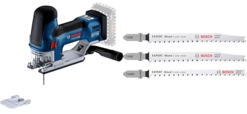 Bosch Professional 18V System Cordless Jigsaw GST 18V-155 SC + 3x EXPERT Wood 2-side clean Jigsaw Blade Set (for Solid wood furniture board, Plywood, Length 117 mm)