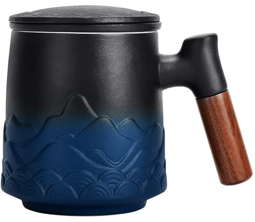 DISDADA Teetasse mit Deckel und Sieb Keramik Teebecher mit Sieb und Holzgriff für Geschenke, Blau