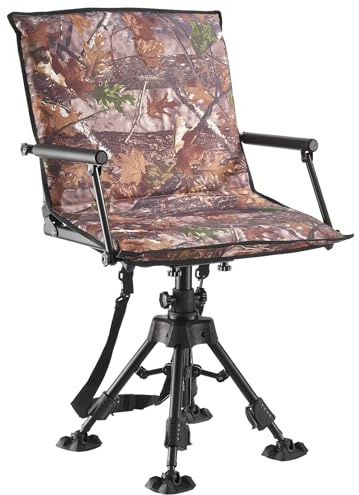 VEVOR Hunting Chair, 360° Silent Swivel, Foldable Portable Blind Chair, Heavy-Duty Steel Frame Ground Stool Seat, with Armrests, Cover, Anti-Sink Feet, Height Adjustable, 158 Kg Capacity for Camping