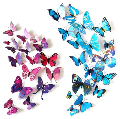 24 Pcs 3D Butterfly Wall Stickers Magnetic Butterflies Wall Decor Fridge Magnets Birthday Party Girls Bedroom Decorations Halloween Decoration (Blue and Purple）