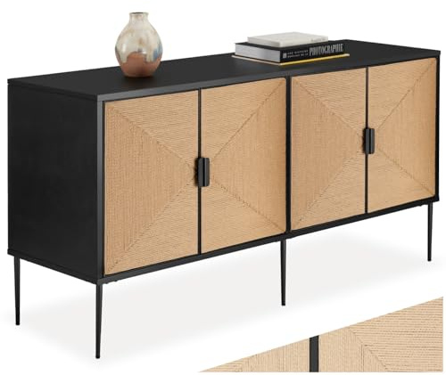 tectake® Sideboard with Jute-Look Doors, Black Wooden Body & Sturdy Steel Frame, Side Table with 2 Compartments & Magnetic Doors, Console Table for Living Room, Hallway & Dining Room - Black/Brown