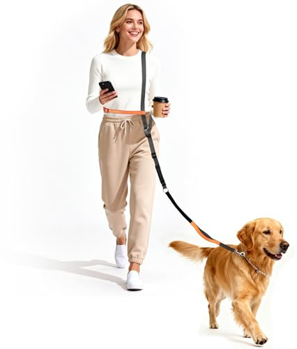 X XBEN Frihandsfree hundkoppel för stora medelstora hundar med stödrem, joggingkoppel för hundar med magbälte och bekväma dubbla handtag, för löpning, jogging, vandring, justerbar (0,8–2,2 m) koppel