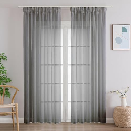 CUCRAF Voile Gardinen mit Kraeuselband Transparent H245xB140cm 2er Set Grau | Stangedurchzug Blickschutz Tageslicht Lichtdurchlaessigkeit geringe Distanz Voile fuer Wohnzimmer Schlafzimmer Kinderzimmer