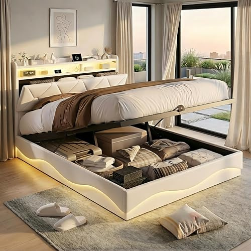 DAHUEN Boxspringbett, 160 x 200 cm, mit LED-Beleuchtung und USB, gepolstertes Doppelbett mit Stauraum, Bettgestell mit Lattenrost und Kopfteil, Samt, Beige (Beige/6, 160 x 200 cm)