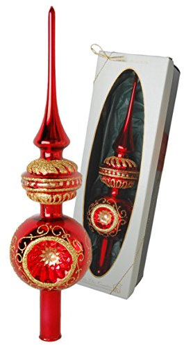 Krebs Glas Lauscha - Christbaumschmuck aus Glas - Rote Christbaumspitze mit 3 Reflexen und aufgesetzter Form - Größe ca. 28 cm - Made in Germany