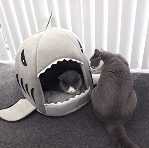 BADASS SHARKS Hai-Motive Katzenbett mit Kissen Hundehaus Haustier Schlafsack für drinnen Waschbar Haus & Sofa 42cm/50cm (grau)