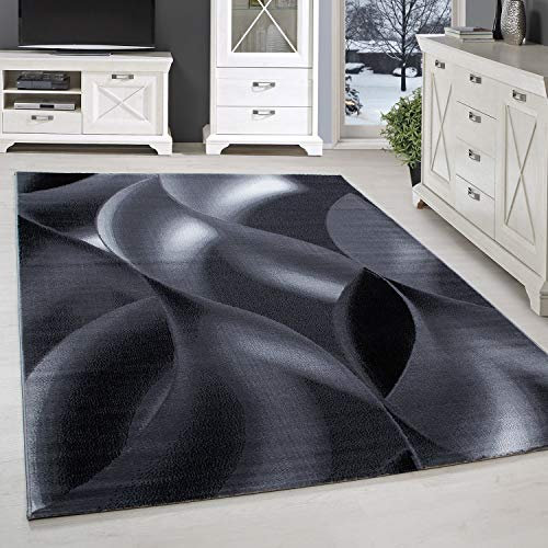 SIMPEX Kurzflor Teppich - Abstrakt Wellen Design, Schwarz, 160 x 230 cm, Moderner Wohnzimmer Teppich