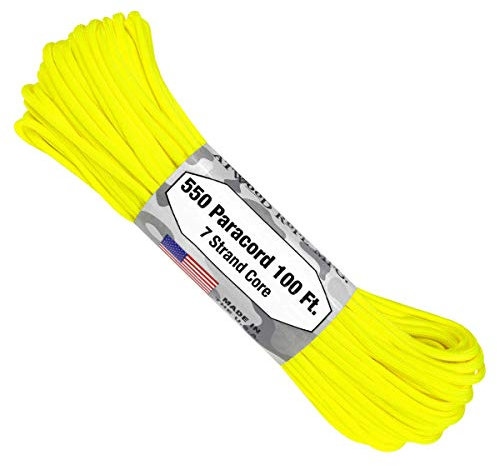 Atwood Rope MFG Paracorde 550 - Corde de parachute en nylon à 7 brins - 30,5 m - Équipement de survie extérieur - Fabriqué aux États-Unis - Cordons, bracelets, poignées, porte-clés (jaune fluo)