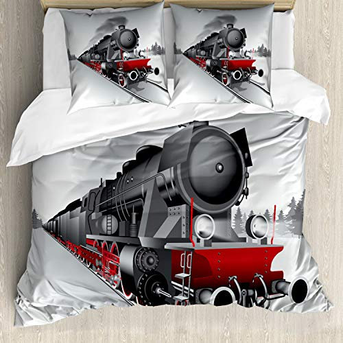 ABAKUHAUS Dampfmaschine Bettbezugs Set Für Doppelbetten, Bahnzug Kunst, Milbensicher Allergiker geeignet mit Kissenbezügen, Grau Rot