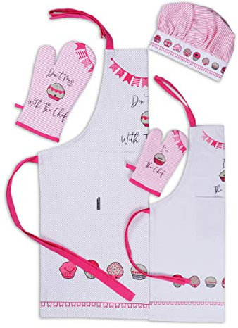 AMOUR INFINI 5-teiliges Küchenset aus 100 % Baumwolle, maschinenwaschbar, Set mit Damenschürze, Ofenhandschuh und Kinderschürze, Ofenhandschuh, Kochmütze | perfekt für Kinderküche