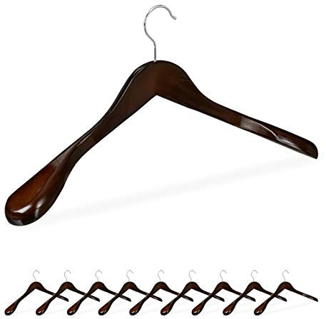 Relaxdays Anzug Kleiderbügel, 10er Set, breite Schulter, 360° drehbarer Haken, Kostüm, Jacken, Holzbügel, Dunkelbraun