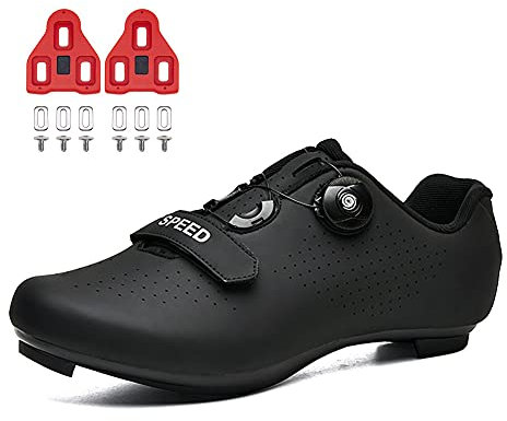 Cycling Shoes for Mens Womens Indoor Peloton Road Bike Shoes Included Cleats Clip Compatible Look Delta and SPD Lock Pedal All Black Size UK 7.5