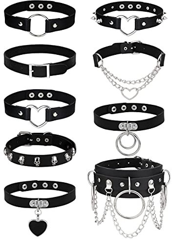 JeweBella 9PCS Gothic Choker Halsband für Damen Frauen PU Leder Halskette Set Punk Kette Schwarz Halsband Spikes Rock Lederband Kragen Cosplayer Herz Nieten Choker Verstellbarer