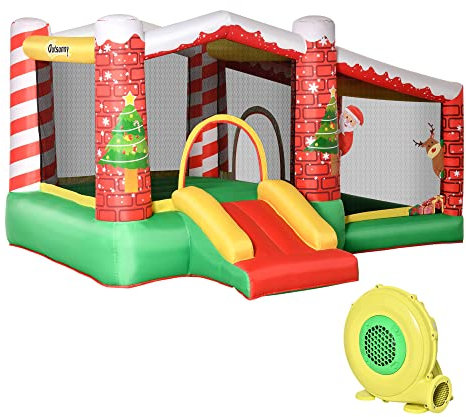 Outsunny Weihnachten Aufblasbare Hüpfburg Trampolin kleine Rutsche Ballgrube für 3 Kinder Springburg mit Gebläse für 3-8 Jahre Oxford-Gewebe Polyester Rot+Grün 325 x 270 x 175 cm