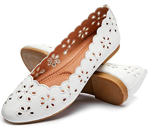 FRACORA Women's Ballet Flats Black PU Leather Dress Shoes Comfortable Round Toe Slip on Flats with Breathable Eyelets, White, 5