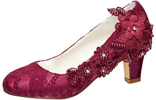 Emily Bridal Brautschuhe Frauen Seide wie Satin Stämmiger Absatz Absatzschuhe mit Stich Spitzen Blume Kristall Perle (EU38, Burgund)