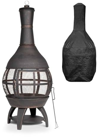 Dellonda Deluxe 360° Chiminea/Fire Pit/Outdoor Heater with Fire Poker & Water Resistant Drawstring Cover - Antique Bronze Finish - DG241