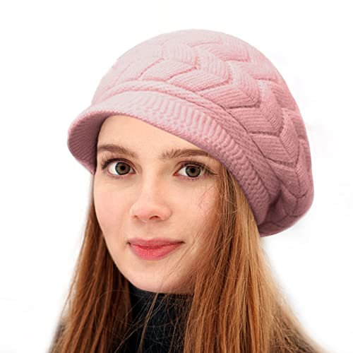 AKOFIC Wintermütze Damen mit Visier, Warme Strickmütze Damen Mütze, Strick Barett Mütze Damen Winter Mütze für Snowboard Fahrrad (Pink)