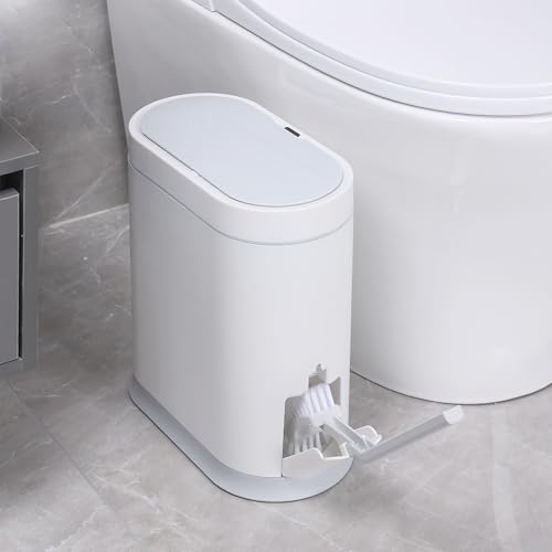 ELPHECO Bathroom Slim Plastic Trash Can with Toilet Brush 2.5 Gallon Waterproof Smart Garbage can with lid Motion Sensor Waste Bin Automatic Garbage Bin for Bathroom(White)