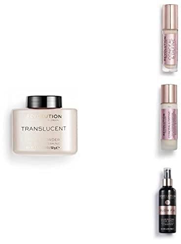 Makeup Revolution, Perfect Base Face Bundle, Conceal & Define C1 / F1 Concealer & Foundation, Translucent Loose Baking Powder and Glow Fixing Spray