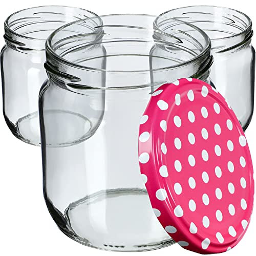KADAX 12st Einmachgläser 425ml mit Schraubdeckel fi82 mm für Einlegen, Einmachen, Konservieren und Mahlzeitenvorbereitung - Luftdichte Twist-off Gläser (Rosa gepunktet/12 St.)