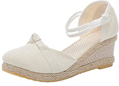 azaz Sandales Femme Été Confortable Sandales Compensées Mode Multiples Tressé Lin Chaussures Respirantes Bout Rond Fermé Sandales Décontractées Respirantes Semelles Épaisses Compensées Chaussons
