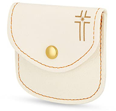 NKlaus Rosenkranz Kunstleder Etui weiß 8x8 cm mit Kreuz motiv Rosenkranzbehälter 14439