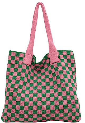 JJzex Damen-Umhängetasche mit Schachbrettmuster, handgefertigt, großes Fassungsvermögen, karierte Häkel-Geldbörse, Geschenke for Mädchen, Einkaufstasche