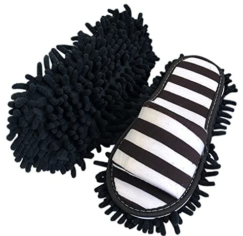 Volicph Zapatillas de limpieza con zapatillas desmontables de microfibra para limpieza de suelos, paño para el polvo, zapatillas de mopa, zapatos de limpieza, Rayas blancas negras, 35/38 EU
