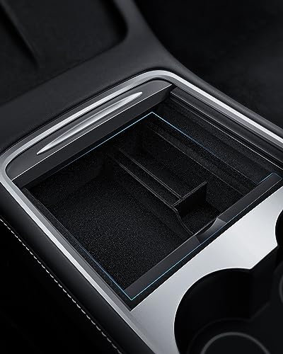 LANTU Console Centrale Organizer pour Tesla Model Y 2021-2024 et Model 3 2021-2023 Boîte de Rangement Cachée avec Smooth Slide Intérieurs Floqué