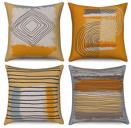 ASDCXZ Kissenbezug 40x40 cm 4er Set, Retro Boho Style Orange Grau Unregelmäßig Linie Sofa Dekokissen Kissenbezüge Kissenhülle Waschbar Polyester Flachs Textil Outdoor Kopfkissenbezug Kissen Bezug