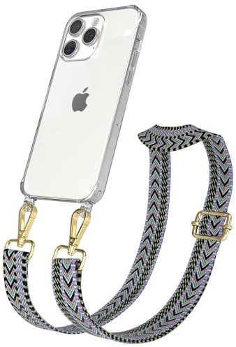 EAZY CASE Handykette - Verstellbares Taschenband kompatibel mit iPhone 15 Pro Max, Schulterriemen, Handykordel mit Silikon Hülle, Umhängetasche, Lila Grün Gold
