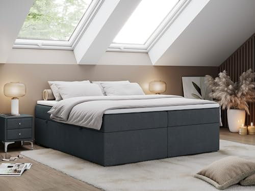 MKS MEBLE Boxspringbett 180x200 ohne Kopfteil mit Bettkasten, Bett 180x200 niedriges Kopfteil, Polsterbett 180x200 ohne Kopfteil - Bess - Dunkelgrau Struktur - H3