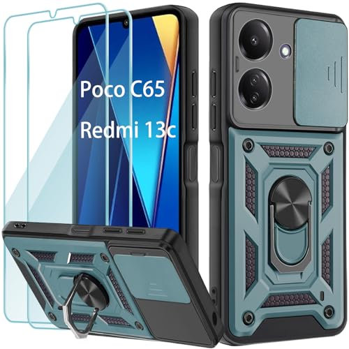Yohii Cover per Xiaomi Poco C65 / Cover Xiaomi Redmi 13C, con 2 Pack Vetro Temperato,Protezione Fotocamera 360° Metallo Anello Supporto Militare Silicone Antiurto Hard PC Custodia - Verde
