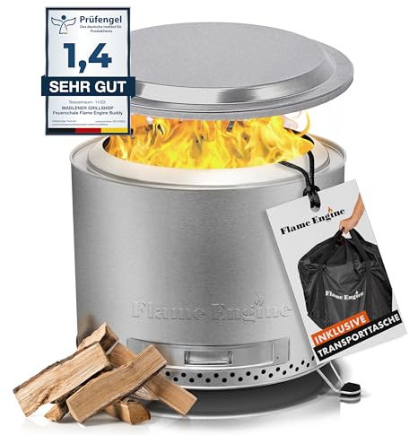 grillshop.at Feuerschale rauchfrei mit Deckel - Edelstahl Grill Feuerschalen für den Garten - Feuertonne Flame Engine - Feuertonne mit Grillrost optional - Modell Buddy mit Füßen