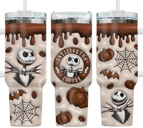 GEPOSTORE 3D Tumbler With Handle and Straw Lid, Jack Stainless Steel 40 oz Tumbler, Christmas and Halloween Gifts, Skeleton Mug, Movie Cup, Birthday Gift for Movie Lovers