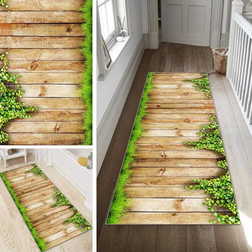 Poaegle Teppich Läufer Flur Grün Lang rutschfest KücheLäufer Holzmaserung Waschbar Schlafzimmer Bunt Teppich Läufer 40x300cm Dauerhaft Läuferteppich FlurLäufer Korridor Meterware