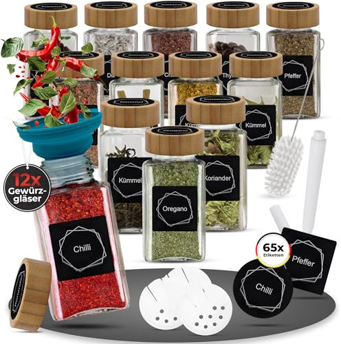 EVN Smart Gewürzgläser Eckig mit Deckel 12er Set - Gewürzbehälter mit Streueinsatz - schwarze Etiketten auf Deutsch - Gewürz Organiser - Gewürzdosen mit Holzdeckel 120 ml - mit Zubehör