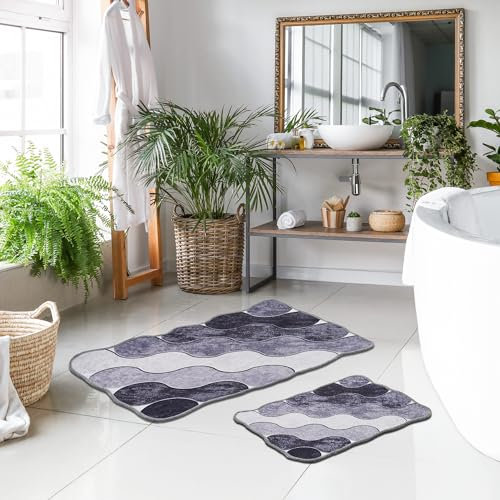 miqna Grau Badezimmermatte Set, 2 Teile, rutschfest Waschbar Badematte, Roboterstaubsauger-freundlich, Badezimmermatte Set (Circle Grau, 60 x 100 cm - 50 x 60 cm)