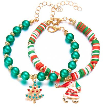 FDEETY Exquisites Damen Armband mit Weihnachtsbaum und Weihnachtsmann Anhänger Perlen und bunte Streifen Perfekt für Festival Outfit Damen(Grün)