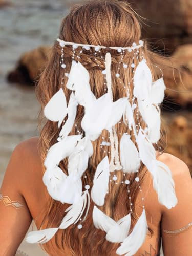 Fashband Boho-Feder-Stirnband, indische Quaste, Hippie-Stammes-Kopfschmuck, Festival-Kostüm, Haarschmuck für Damen (Weiß, Einheitsgröße)