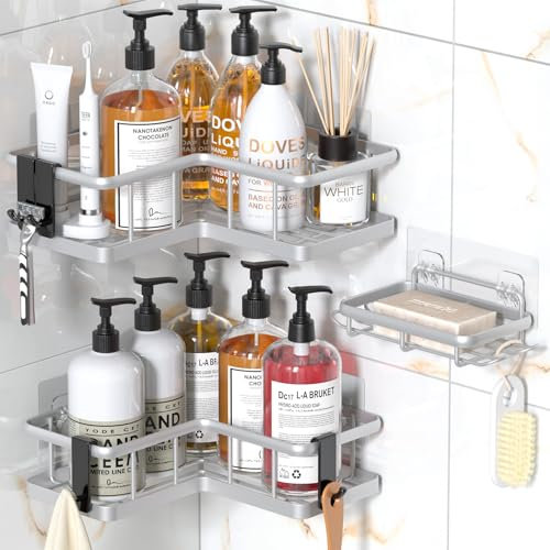 YASONIC Mensola Doccia Angolare Porta Sapone per Doccia, 3 Pezzi Mensola Doccia senza Foratura, Portasapone Doccia Mensole Bagno con 4 ganci Removibili, Anti-Ruggine Portaoggetti Doccia - Argento