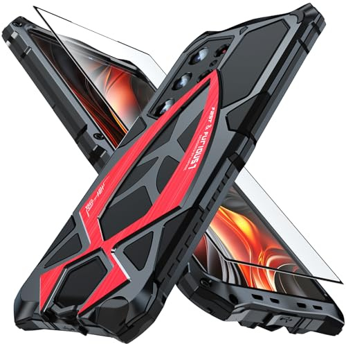 CeeEee Handyhülle für Galaxy S25 Ultra Militär Protction Hülle Metall und Silikon Stoßfeste Rugged Outdoor Case mit Screen Protector - Rot